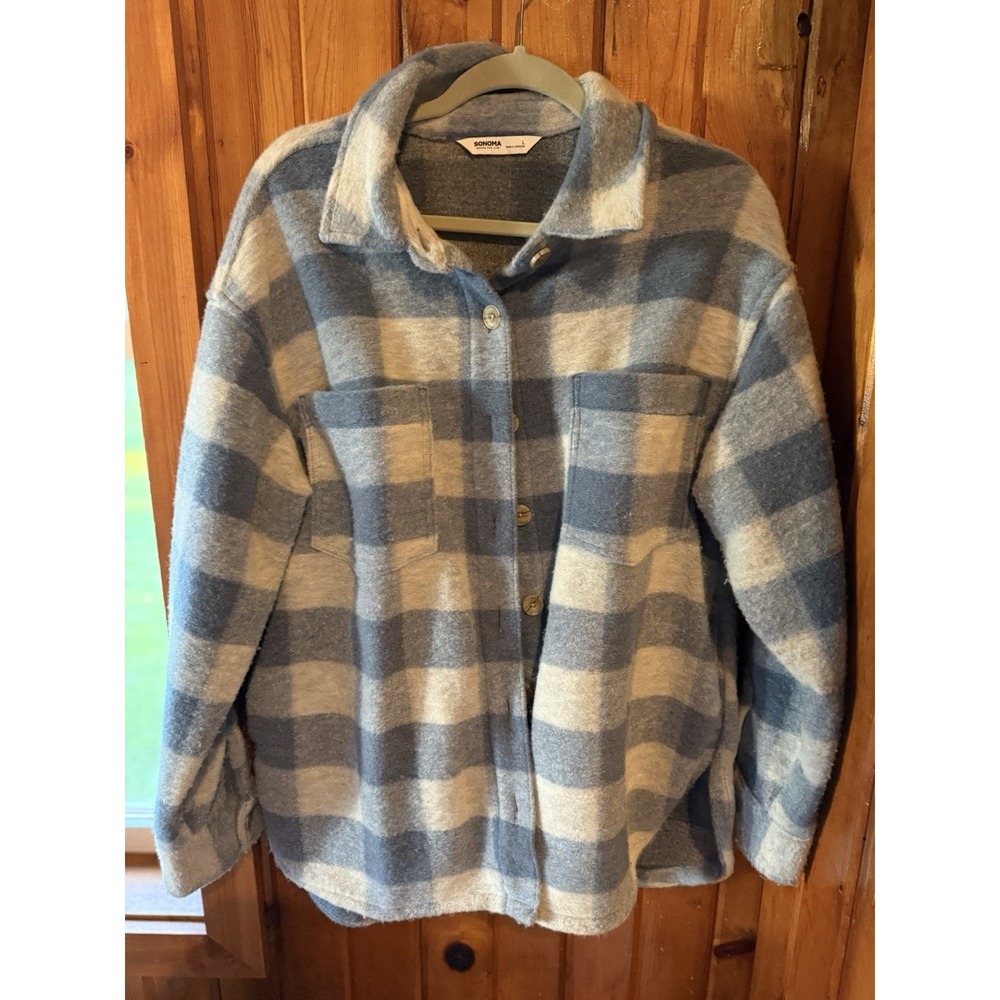 SONOMA Blue Buffalo Plaid Button 4-Pkt Jacket / Shirt Shacket Woman's Size large
